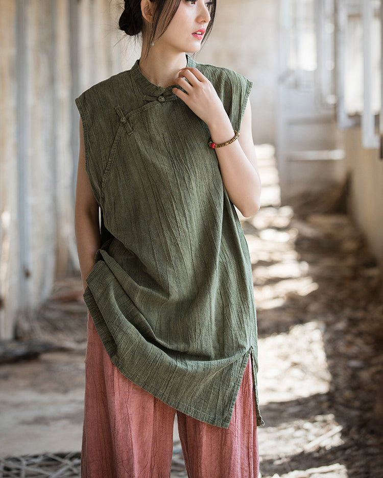 Vintage Standing Collar Cotton Linen Dress, Sleeveless Summer Dress