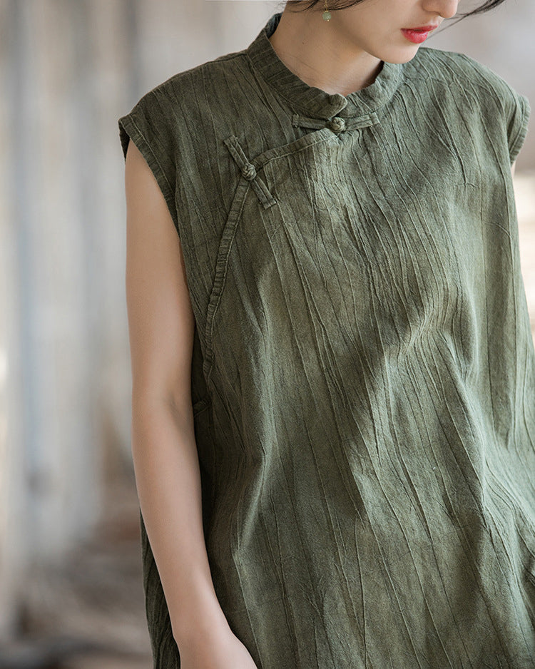 Vintage Standing Collar Cotton Linen Dress, Sleeveless Summer Dress