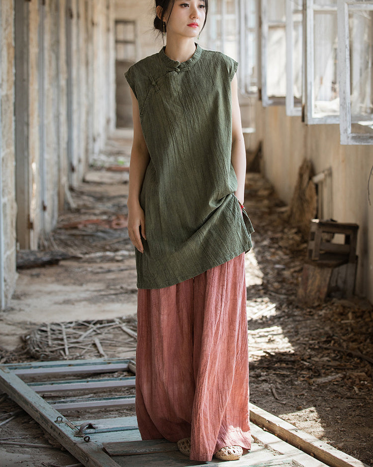 Vintage Standing Collar Cotton Linen Dress, Sleeveless Summer Dress