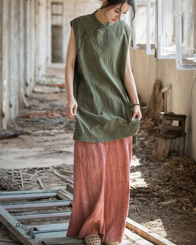 Vintage Standing Collar Cotton Linen Dress, Sleeveless Summer Dress
