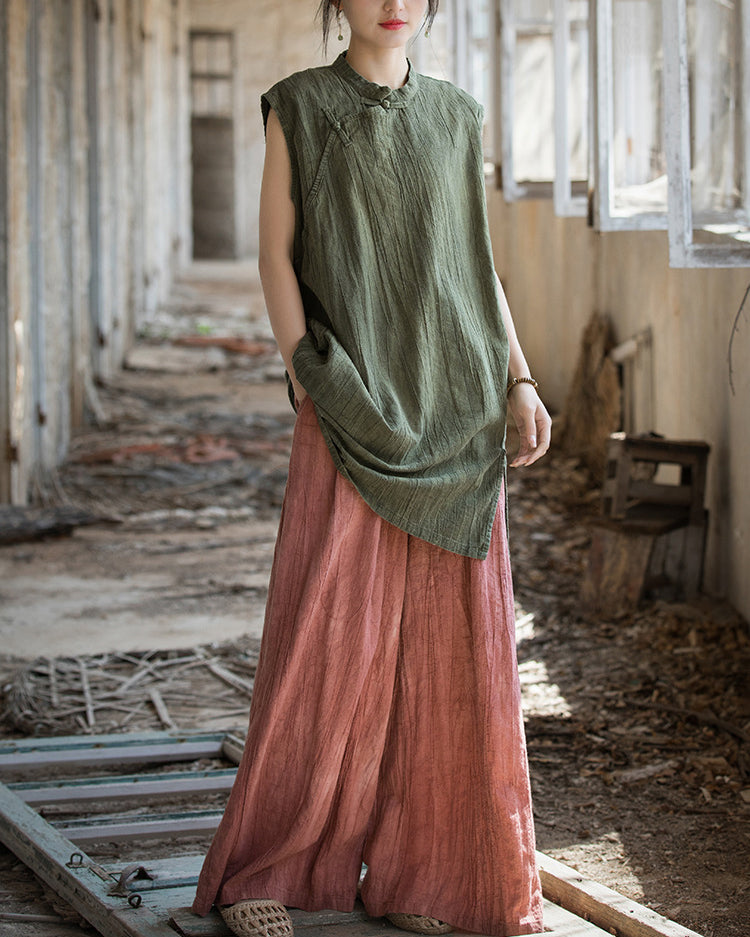 Vintage Standing Collar Cotton Linen Dress, Sleeveless Summer Dress