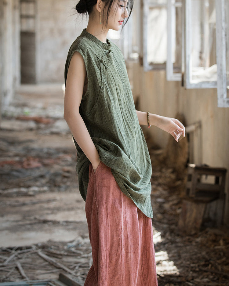 Vintage Standing Collar Cotton Linen Dress, Sleeveless Summer Dress