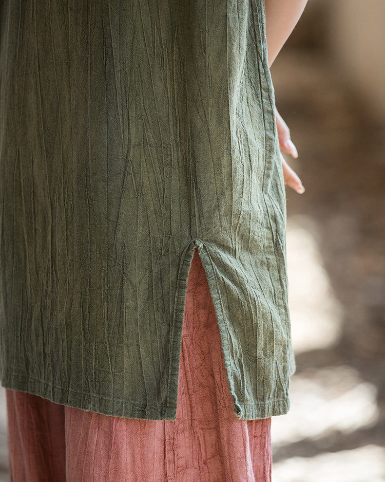 Vintage Standing Collar Cotton Linen Dress, Sleeveless Summer Dress