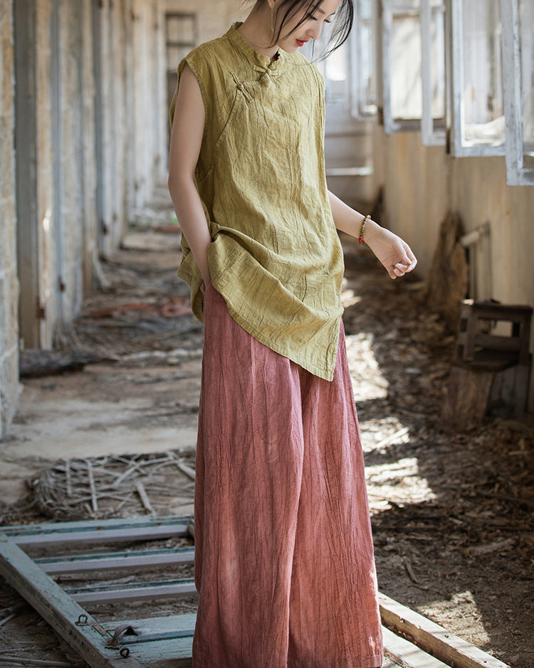 Vintage Standing Collar Cotton Linen Dress, Sleeveless Summer Dress