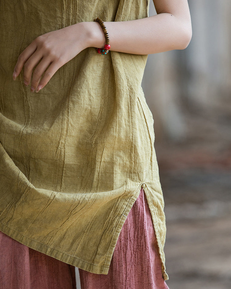 Vintage Standing Collar Cotton Linen Dress, Sleeveless Summer Dress