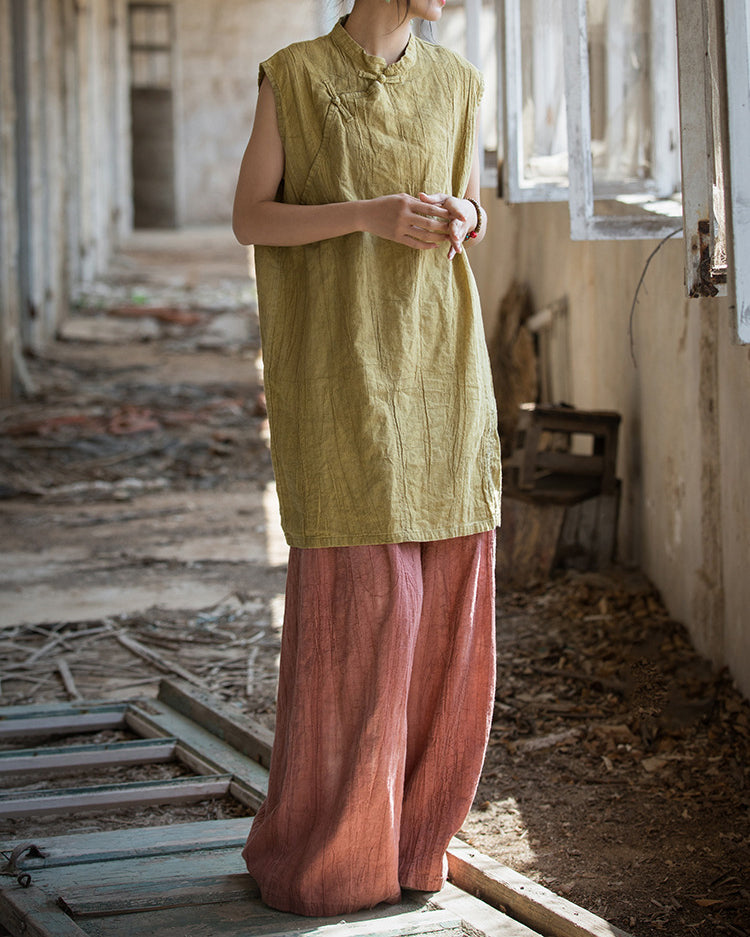 Vintage Standing Collar Cotton Linen Dress, Sleeveless Summer Dress