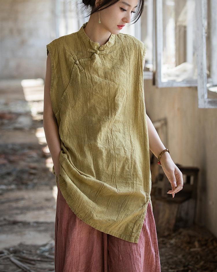 Vintage Standing Collar Cotton Linen Dress, Sleeveless Summer Dress