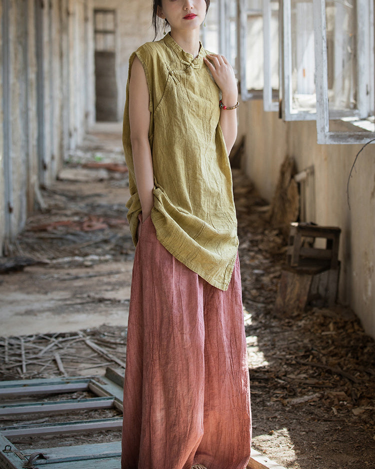 Vintage Standing Collar Cotton Linen Dress, Sleeveless Summer Dress