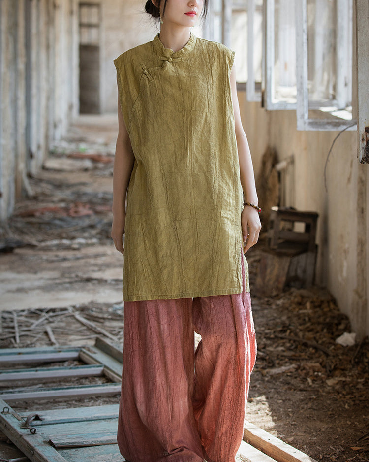 Vintage Standing Collar Cotton Linen Dress, Sleeveless Summer Dress