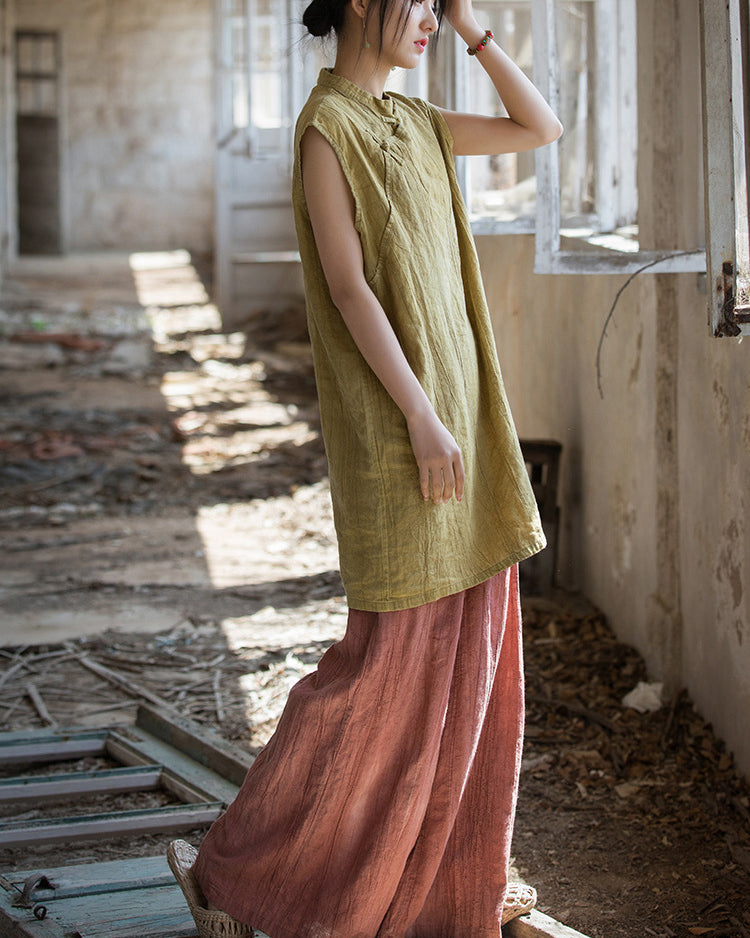 Vintage Standing Collar Cotton Linen Dress, Sleeveless Summer Dress