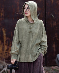 Summer Retro Hooded Cotton Linen Shirt, Long Sleeve Loose Cotton Linen Shirt