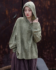 Summer Retro Hooded Cotton Linen Shirt, Long Sleeve Loose Cotton Linen Shirt