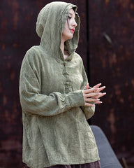 Summer Retro Hooded Cotton Linen Shirt, Long Sleeve Loose Cotton Linen Shirt