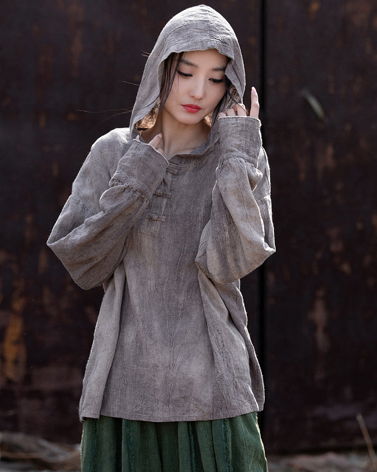 Summer Retro Hooded Cotton Linen Shirt, Long Sleeve Loose Cotton Linen Shirt