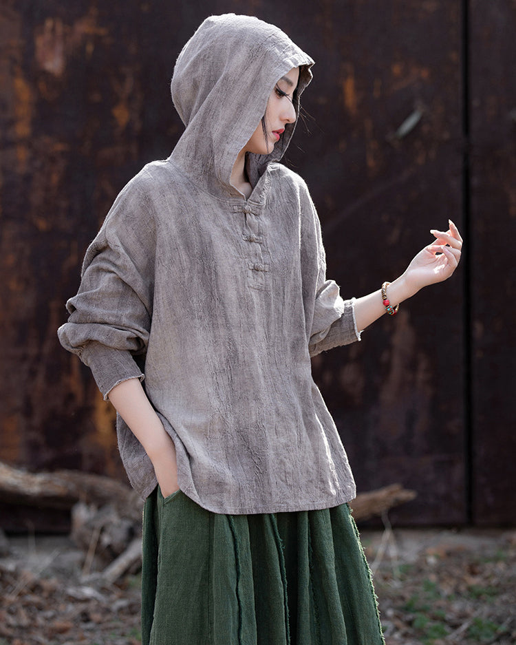 Summer Retro Hooded Cotton Linen Shirt, Long Sleeve Loose Cotton Linen Shirt