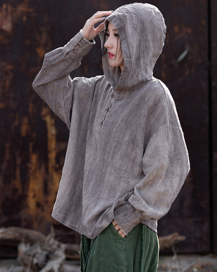 Summer Retro Hooded Cotton Linen Shirt, Long Sleeve Loose Cotton Linen Shirt