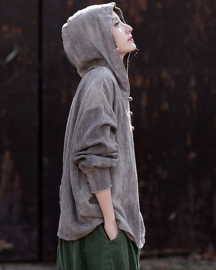 Summer Retro Hooded Cotton Linen Shirt, Long Sleeve Loose Cotton Linen Shirt