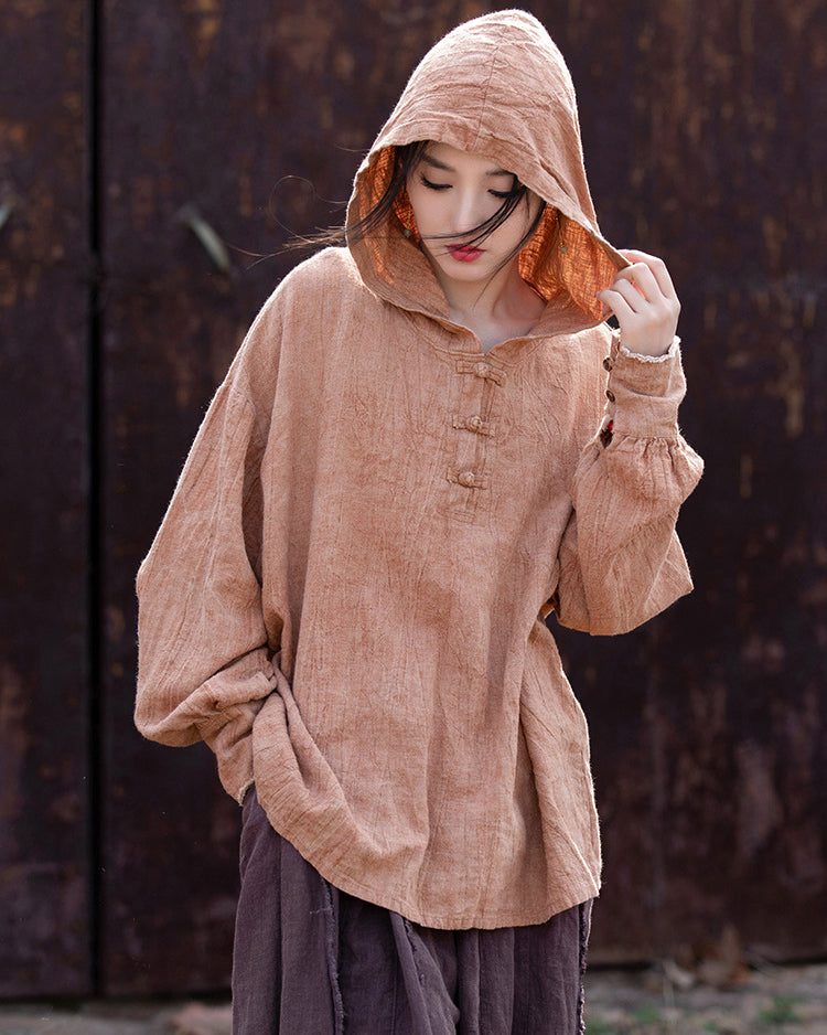 Summer Retro Hooded Cotton Linen Shirt, Long Sleeve Loose Cotton Linen Shirt