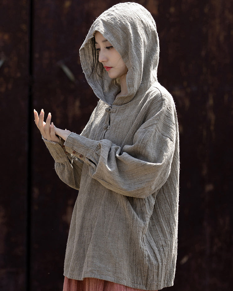 Summer Retro Hooded Cotton Linen Shirt, Long Sleeve Loose Cotton Linen Shirt