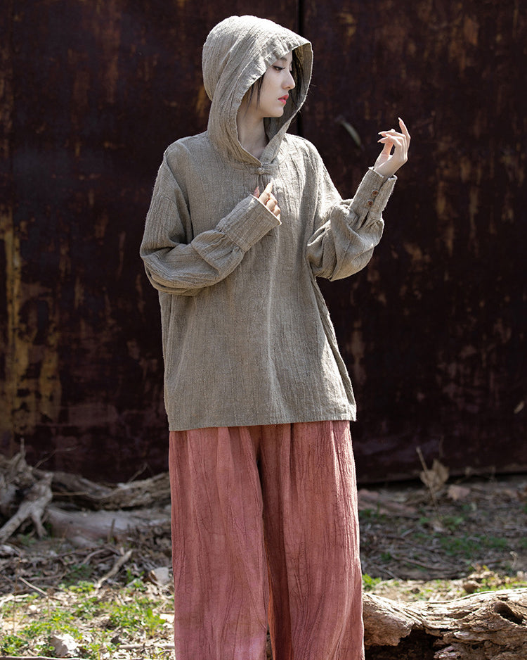 Summer Retro Hooded Cotton Linen Shirt, Long Sleeve Loose Cotton Linen Shirt