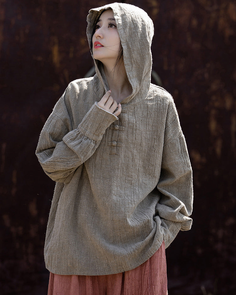 Summer Retro Hooded Cotton Linen Shirt, Long Sleeve Loose Cotton Linen Shirt