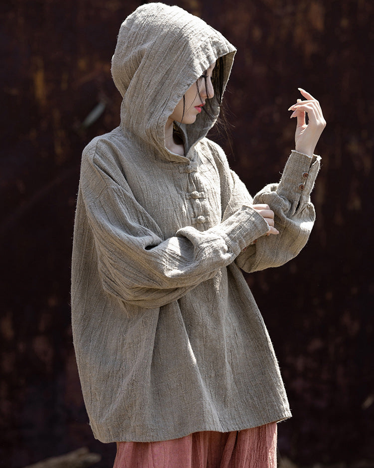 Summer Retro Hooded Cotton Linen Shirt, Long Sleeve Loose Cotton Linen Shirt