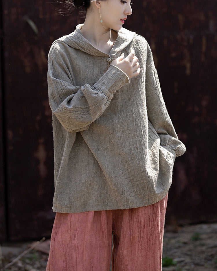 Summer Retro Hooded Cotton Linen Shirt, Long Sleeve Loose Cotton Linen Shirt