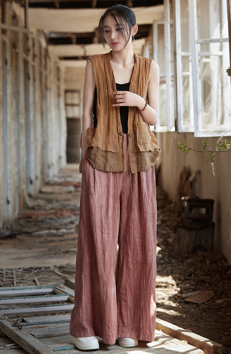 Vintage Cotton Linen Wide Leg Pants, Casual Elastic Waist Pants