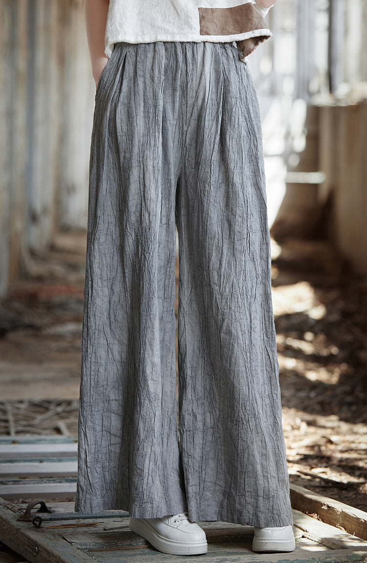 Vintage Cotton Linen Wide Leg Pants, Casual Elastic Waist Pants