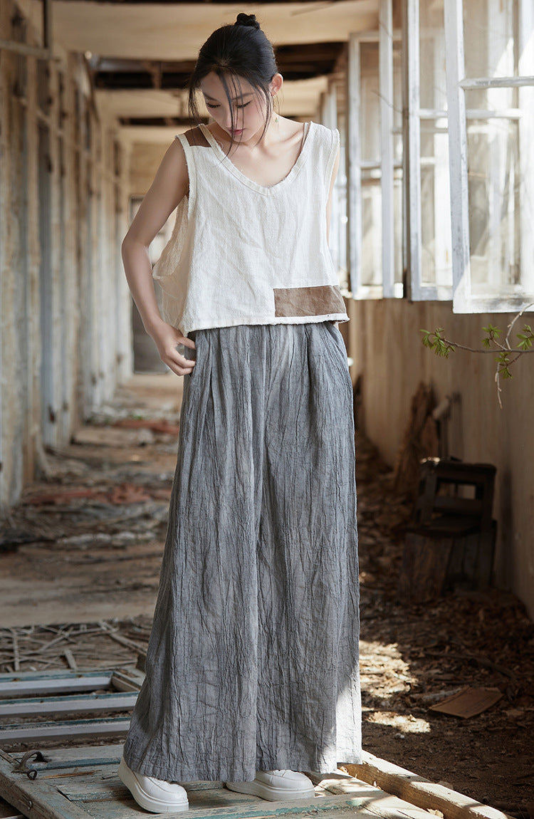 Vintage Cotton Linen Wide Leg Pants, Casual Elastic Waist Pants