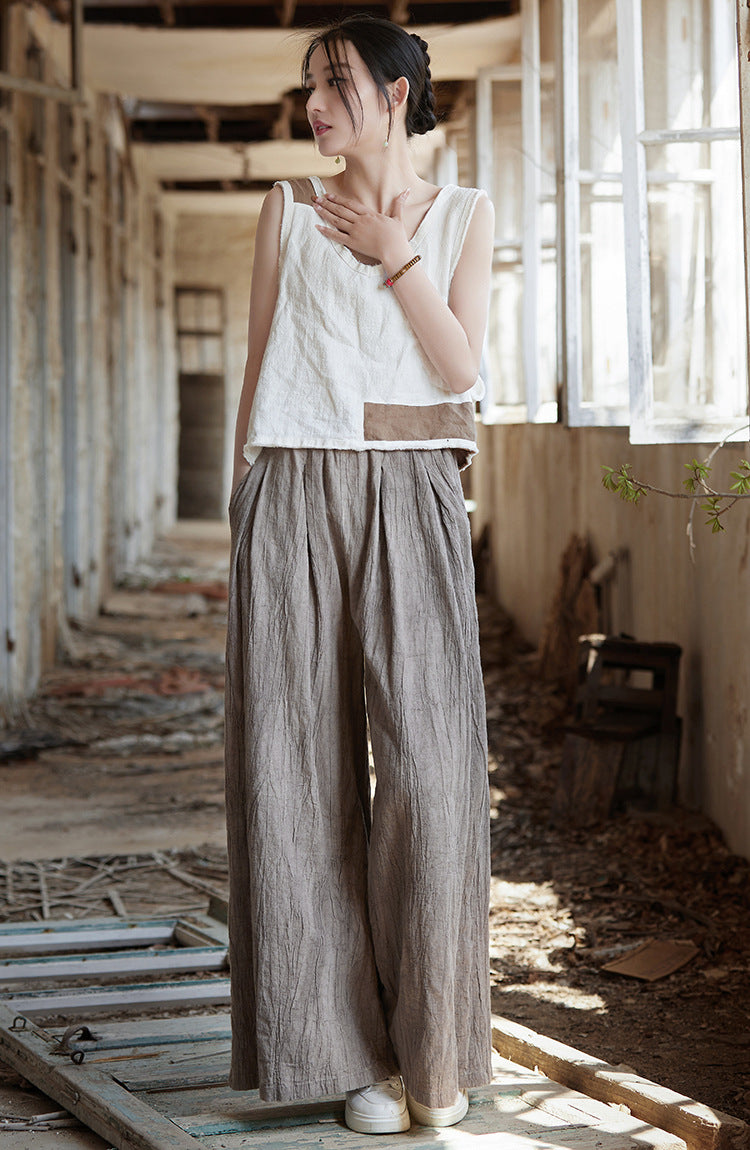 Vintage Cotton Linen Wide Leg Pants, Casual Elastic Waist Pants