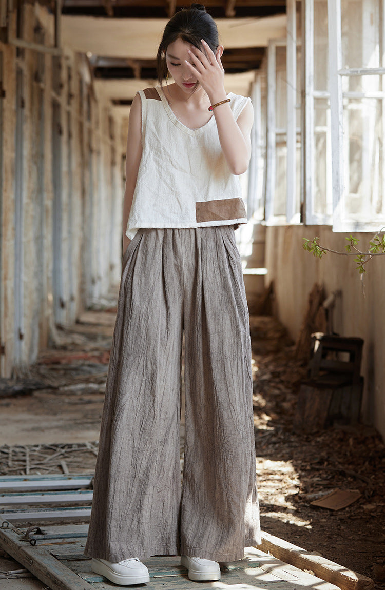 Vintage Cotton Linen Wide Leg Pants, Casual Elastic Waist Pants