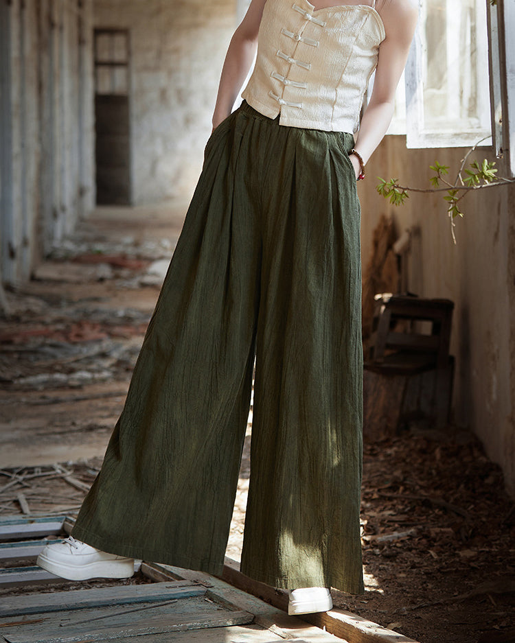 Vintage Cotton Linen Wide Leg Pants, Casual Elastic Waist Pants