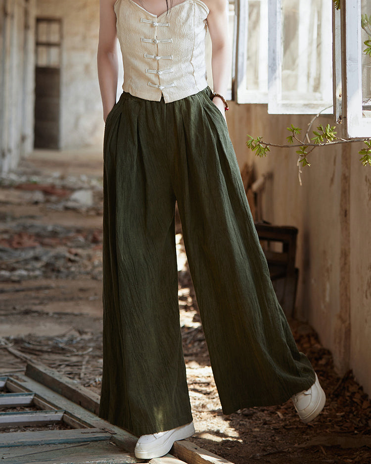 Vintage Cotton Linen Wide Leg Pants, Casual Elastic Waist Pants