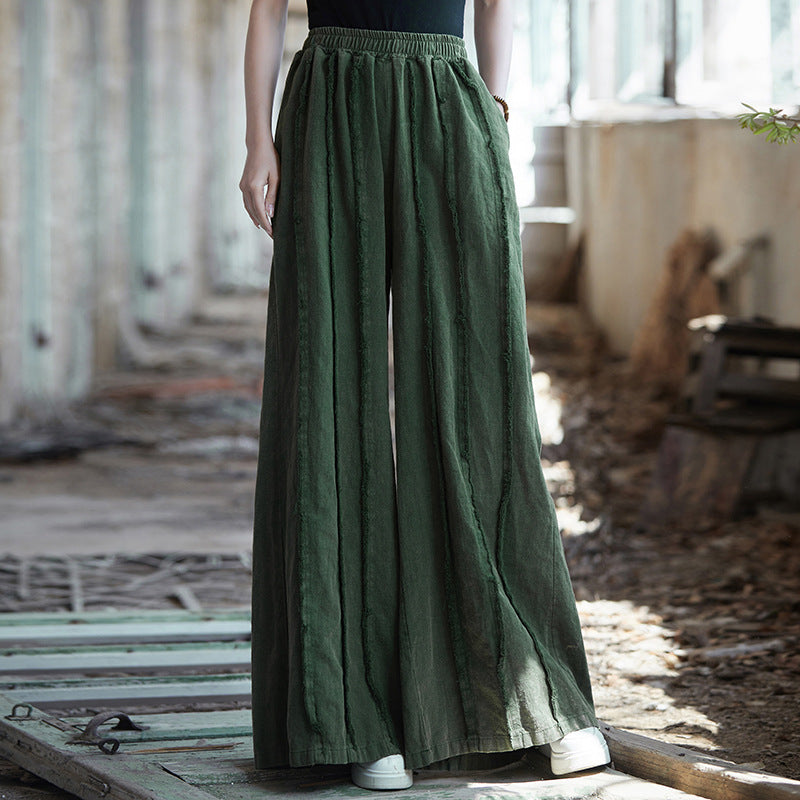 Linen wide leg pants, stone washed vintage  cotton linen pants, elastic waist loose pants