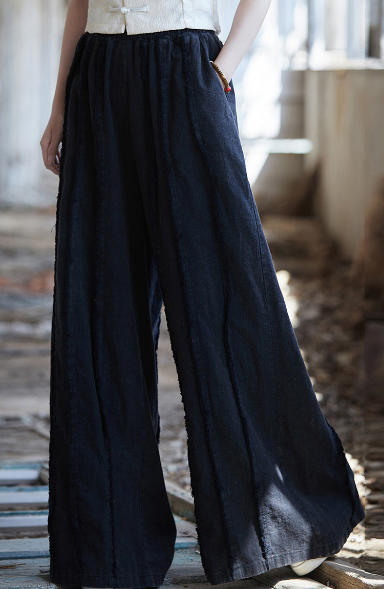 Linen wide leg pants, stone washed vintage  cotton linen pants, elastic waist loose pants