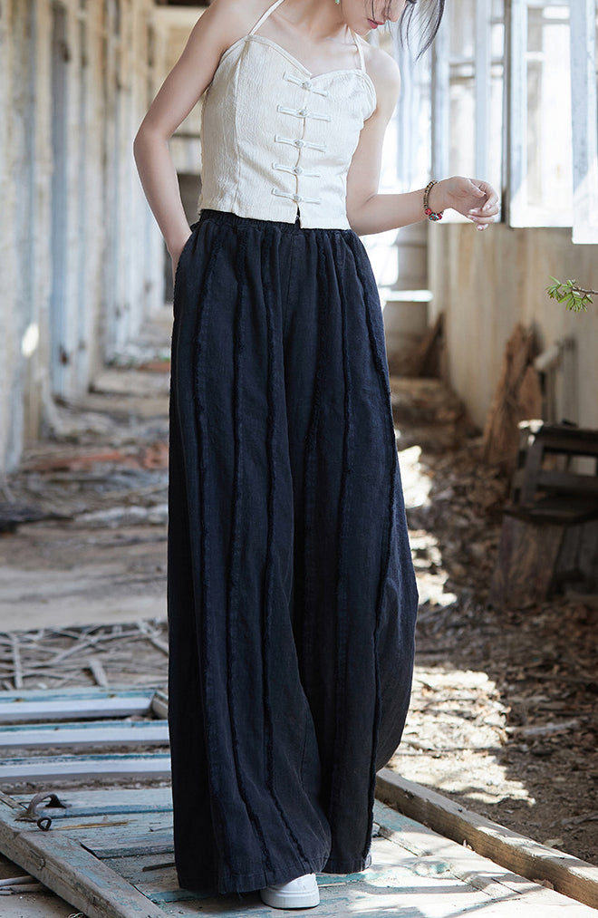 Linen wide leg pants, stone washed vintage  cotton linen pants, elastic waist loose pants