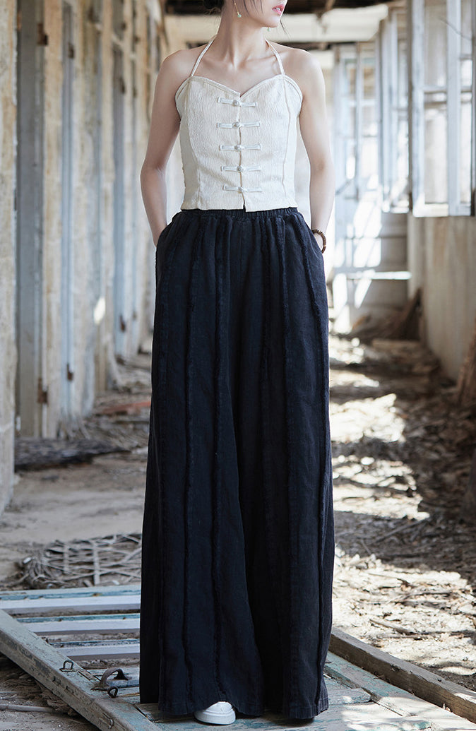 Linen wide leg pants, stone washed vintage  cotton linen pants, elastic waist loose pants