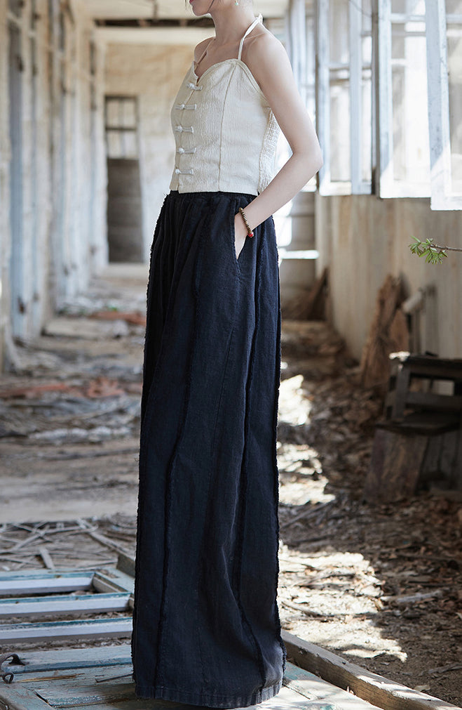 Linen wide leg pants, stone washed vintage  cotton linen pants, elastic waist loose pants