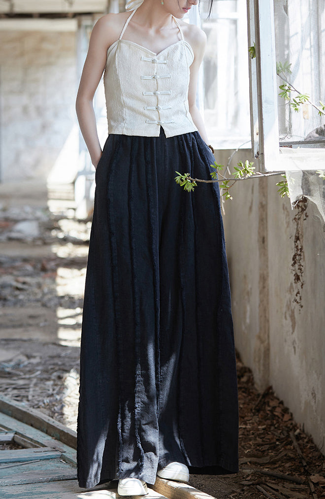 Linen wide leg pants, stone washed vintage  cotton linen pants, elastic waist loose pants