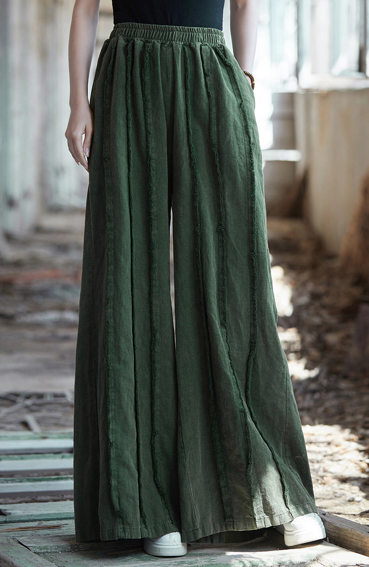 Linen wide leg pants, stone washed vintage  cotton linen pants, elastic waist loose pants