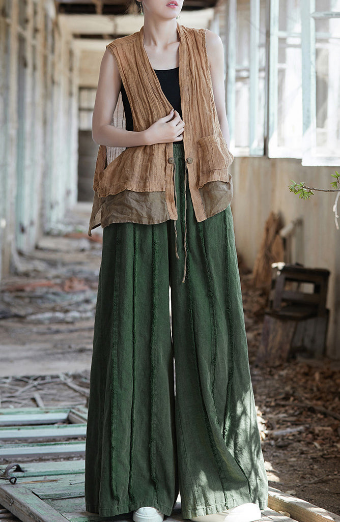 Linen wide leg pants, stone washed vintage  cotton linen pants, elastic waist loose pants