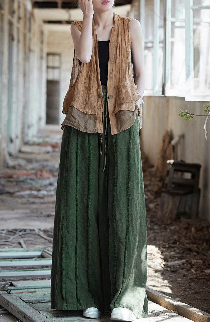 Linen wide leg pants, stone washed vintage  cotton linen pants, elastic waist loose pants