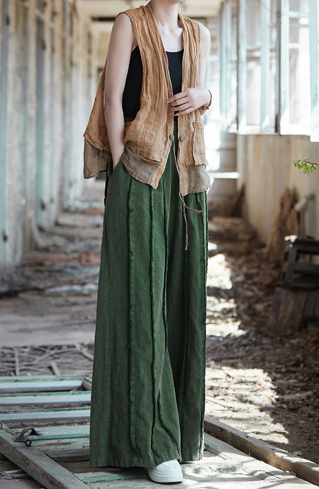 Linen wide leg pants, stone washed vintage  cotton linen pants, elastic waist loose pants