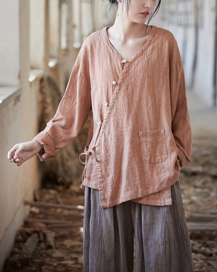 Vintage V-neck cotton  linen shirt, Chinese long-sleeved cotton and linen frog button shirt