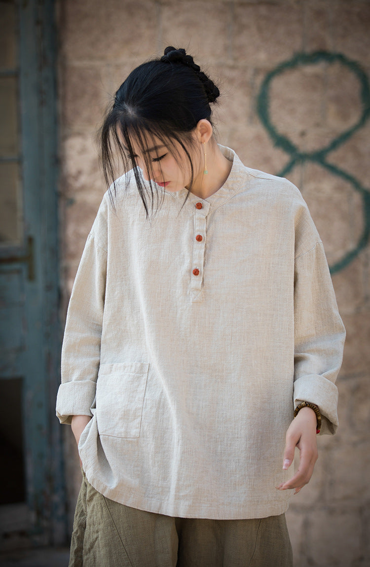 Boat neck cotton linen shirt, Chinese long sleeve cotton linen shirt