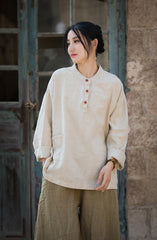 Boat neck cotton linen shirt, Chinese long sleeve cotton linen shirt