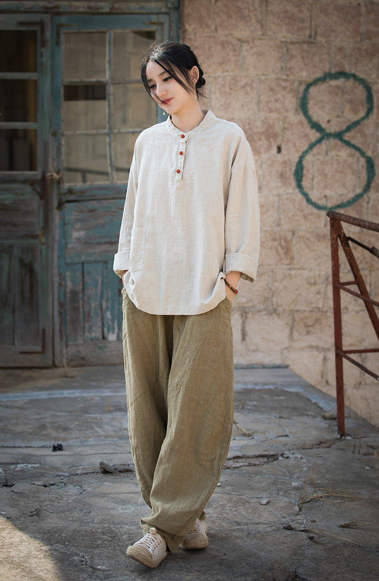 Boat neck cotton linen shirt, Chinese long sleeve cotton linen shirt