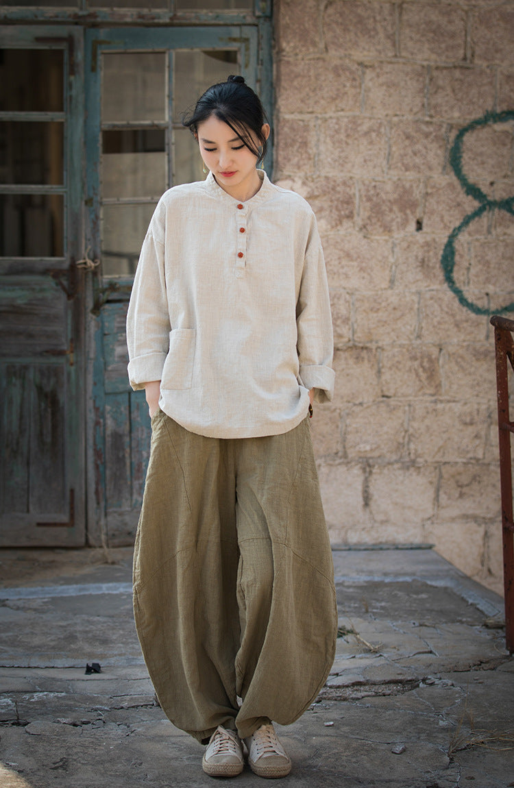 Boat neck cotton linen shirt, Chinese long sleeve cotton linen shirt