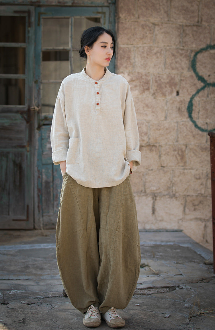 Boat neck cotton linen shirt, Chinese long sleeve cotton linen shirt